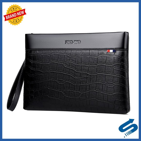 Large Leather Clutch Bag with Wrist Strap for Men 12 Inch